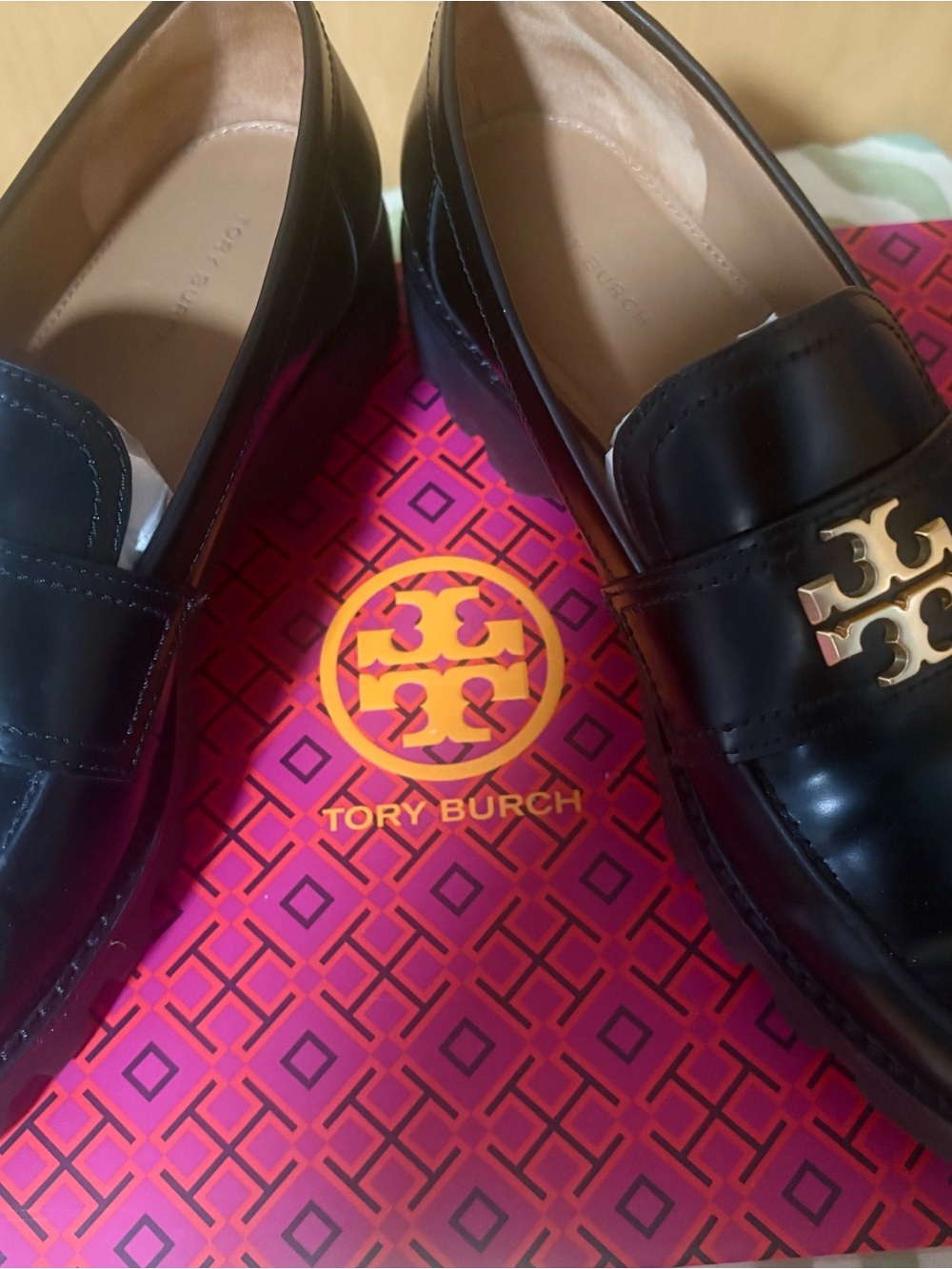 Tory Burch Black Leather Logo Penny Loafers